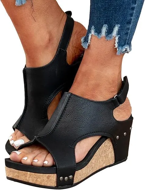 Wedge Sandals for Women Dressy Summer,Womens Espadrilles Platform Wedges Mid Heel Leather Sandals Buckle Open Toe Ankle Strap Comfortable Casual Summer Shoes