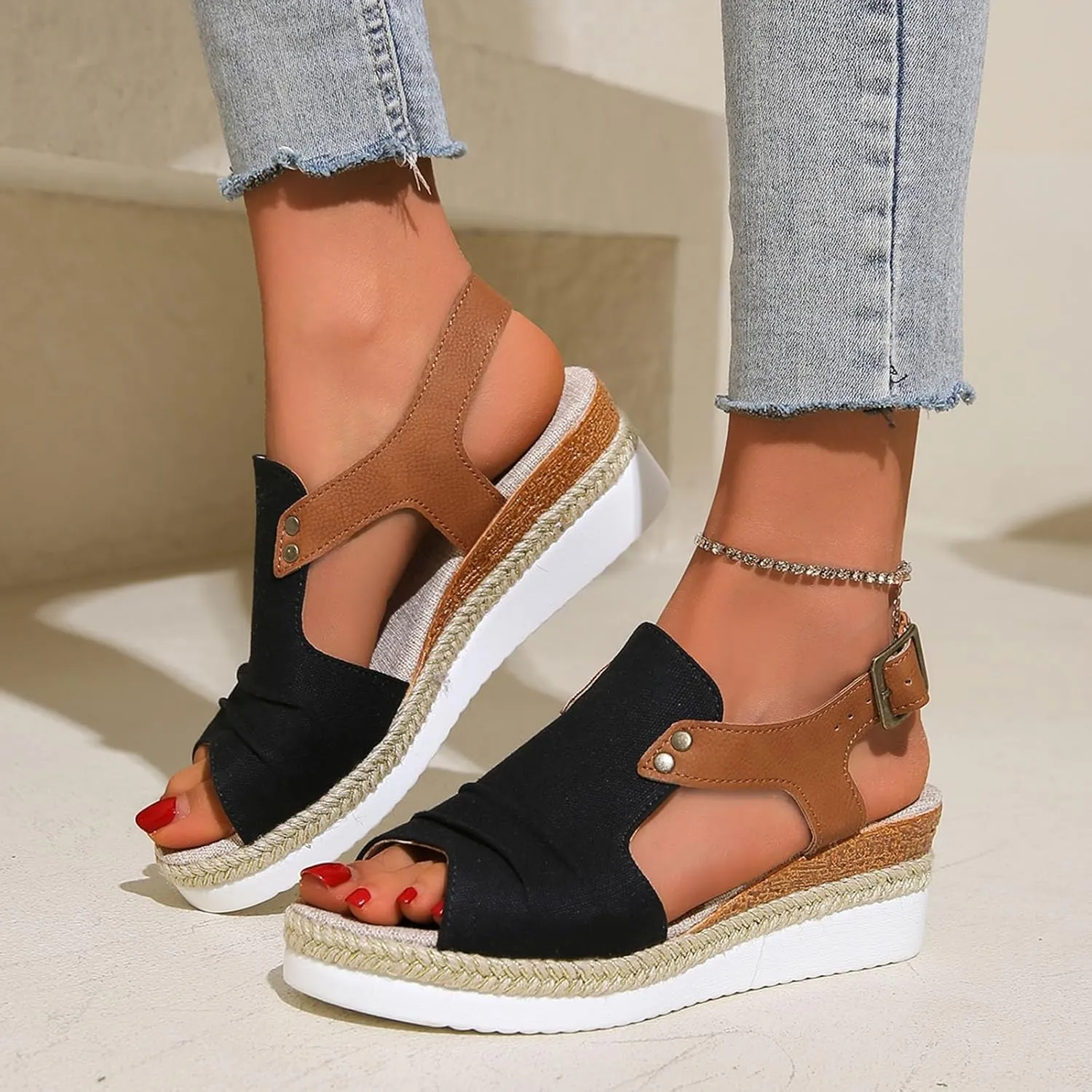 Wedge Sandals for Women Espadrilles Dressy Orthotic Platform Sandal Open Toe Comfortable Summer Shoes with Ankle Strap