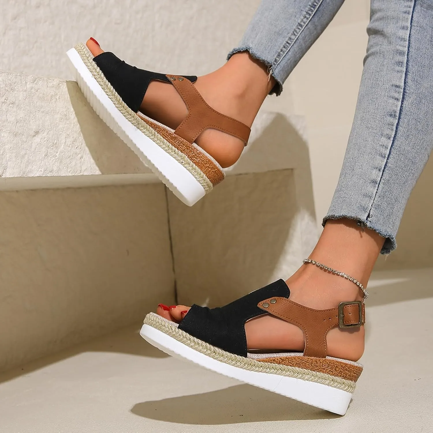 Wedge Sandals for Women Espadrilles Dressy Orthotic Platform Sandal Open Toe Comfortable Summer Shoes with Ankle Strap