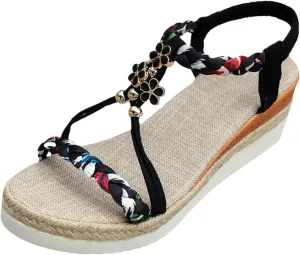 Wedge Sandals for Women Open Toe Espadrilles Platform Sandals Slide Ankle Elastic Floral Bohemian Sandals