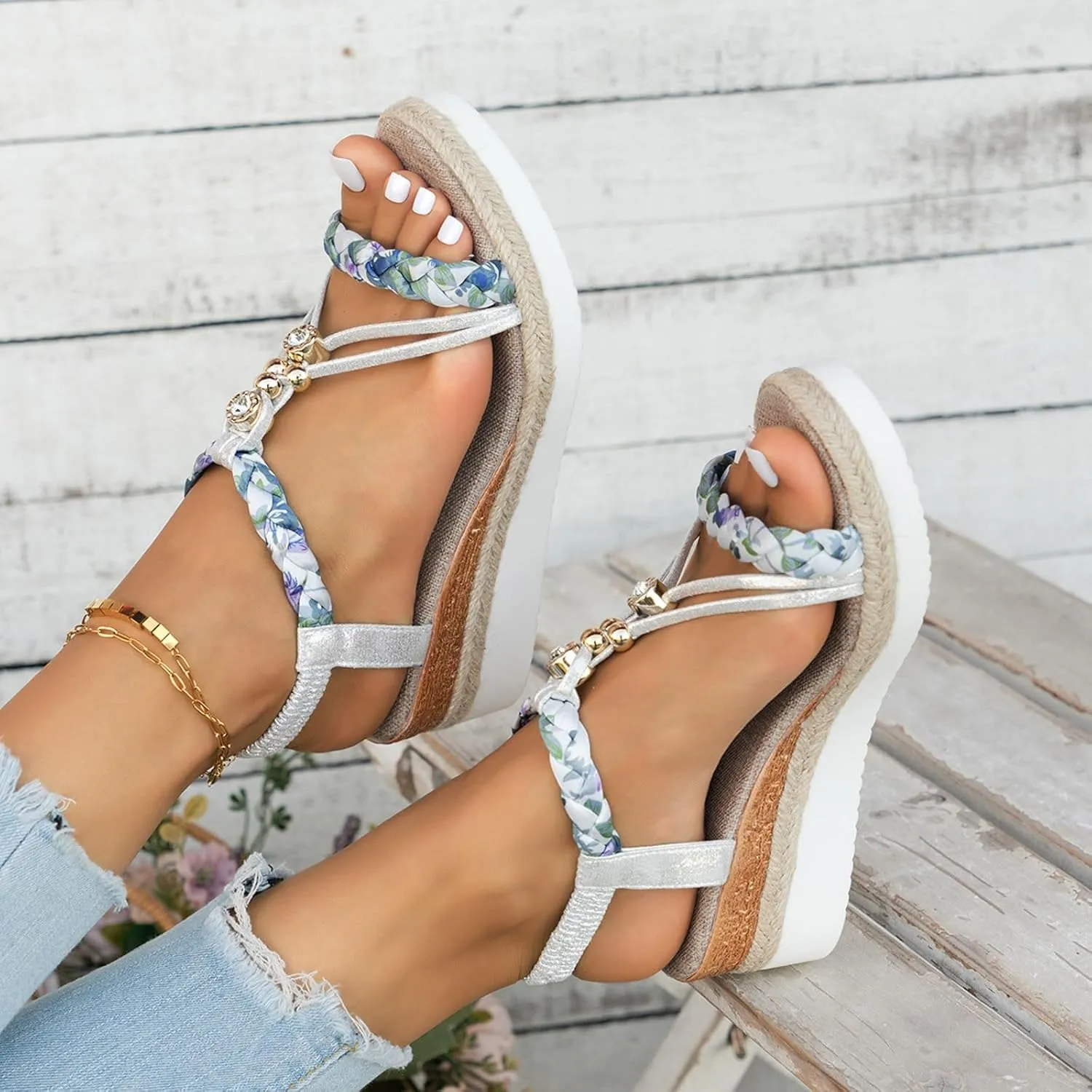 Wedge Sandals for Women Open Toe Espadrilles Platform Sandals Slide Ankle Elastic Floral Bohemian Sandals