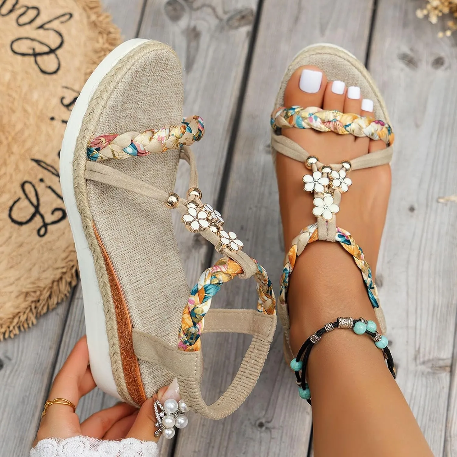 Wedge Sandals for Women Open Toe Espadrilles Platform Sandals Slide Ankle Elastic Floral Bohemian Sandals