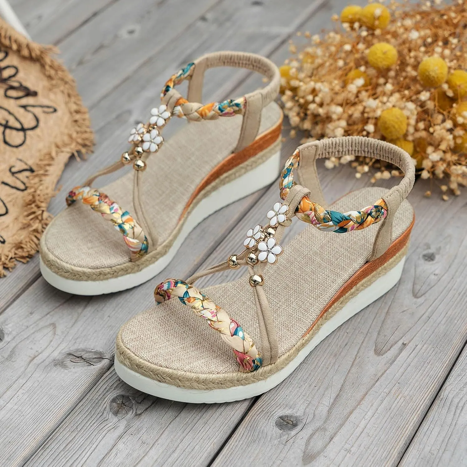 Wedge Sandals for Women Open Toe Espadrilles Platform Sandals Slide Ankle Elastic Floral Bohemian Sandals