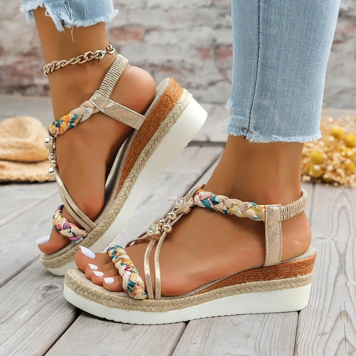 Wedge Sandals for Women Open Toe Espadrilles Platform Sandals Slide Ankle Elastic Floral Bohemian Sandals