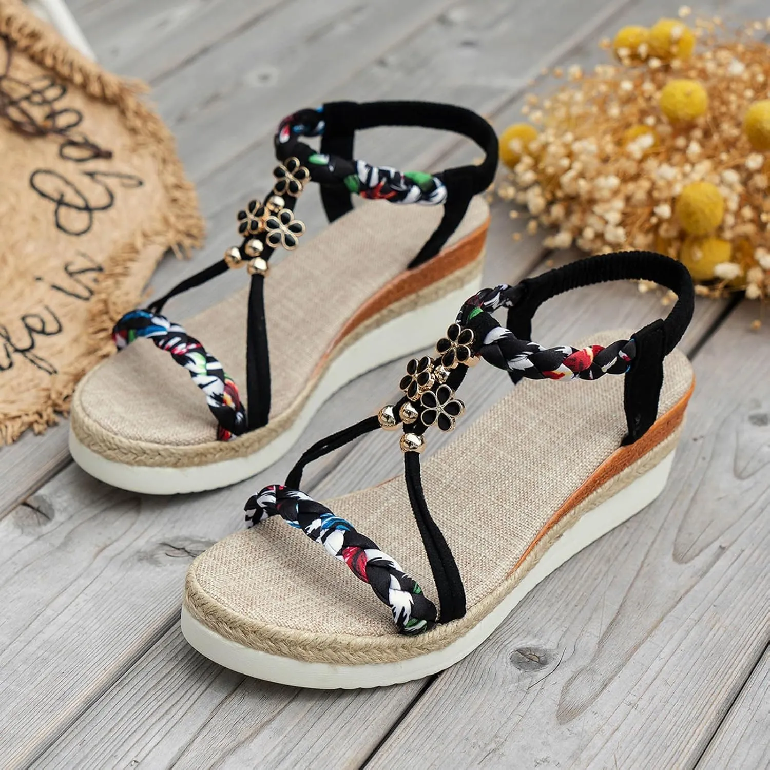 Wedge Sandals for Women Open Toe Espadrilles Platform Sandals Slide Ankle Elastic Floral Bohemian Sandals