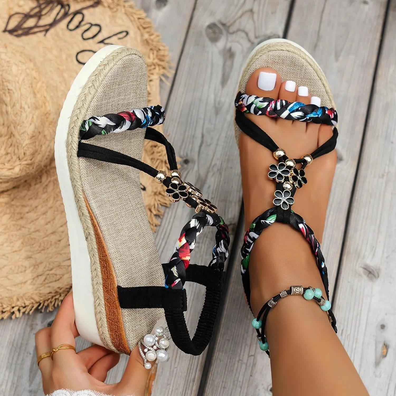 Wedge Sandals for Women Open Toe Espadrilles Platform Sandals Slide Ankle Elastic Floral Bohemian Sandals