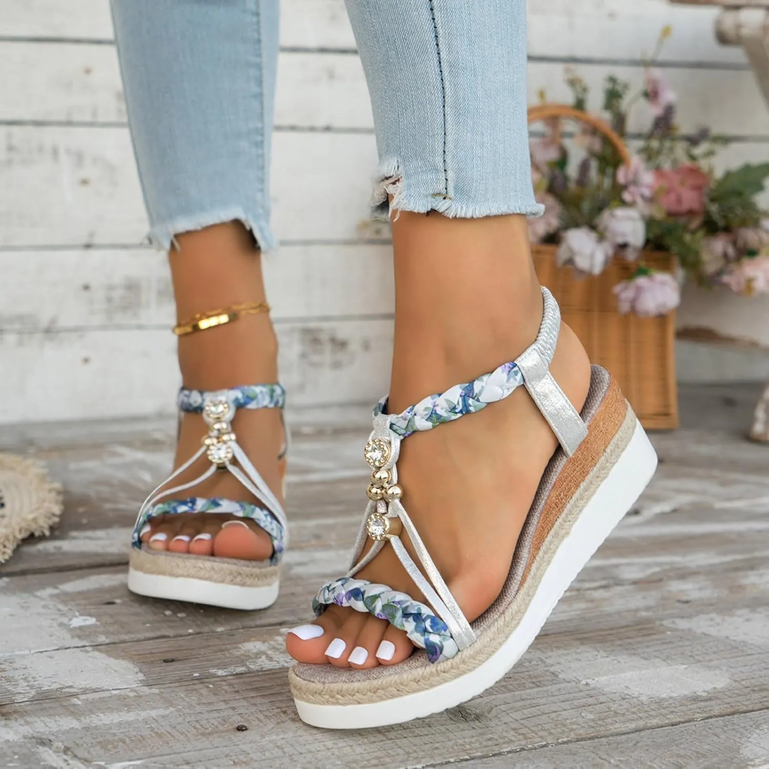 Wedge Sandals for Women Open Toe Espadrilles Platform Sandals Slide Ankle Elastic Floral Bohemian Sandals