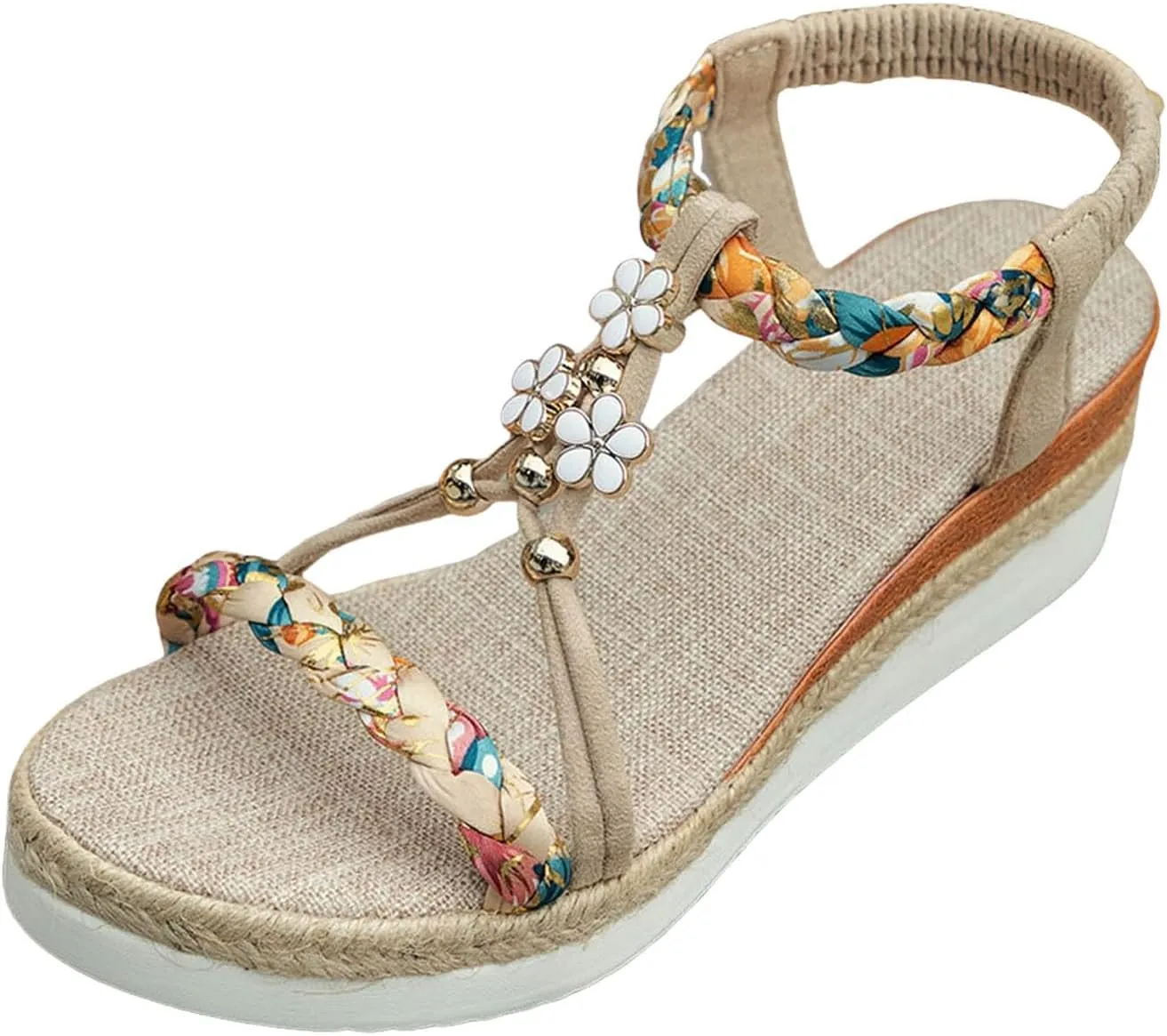 Wedge Sandals for Women Open Toe Espadrilles Platform Sandals Slide Ankle Elastic Floral Bohemian Sandals