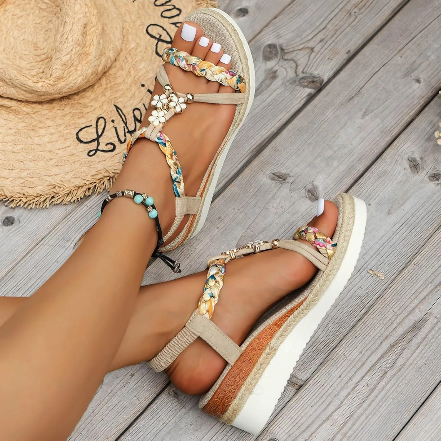 Wedge Sandals for Women Open Toe Espadrilles Platform Sandals Slide Ankle Elastic Floral Bohemian Sandals