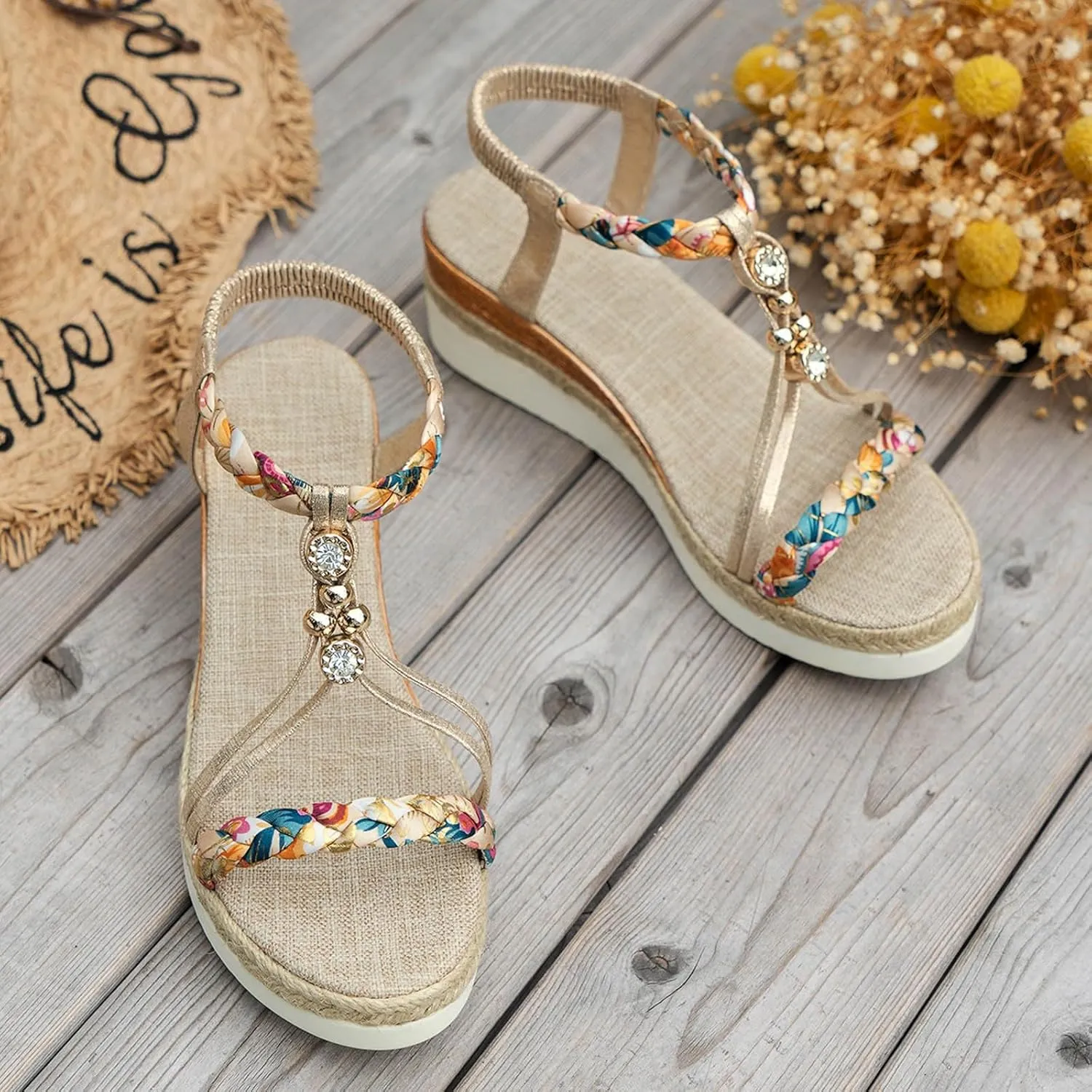 Wedge Sandals for Women Open Toe Espadrilles Platform Sandals Slide Ankle Elastic Floral Bohemian Sandals