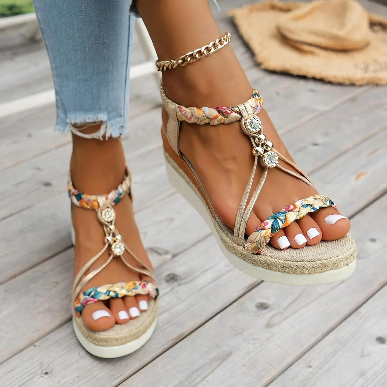 Wedge Sandals for Women Open Toe Espadrilles Platform Sandals Slide Ankle Elastic Floral Bohemian Sandals