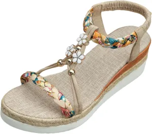 Wedge Sandals for Women Open Toe Espadrilles Platform Sandals Slide Ankle Elastic Floral Bohemian Sandals
