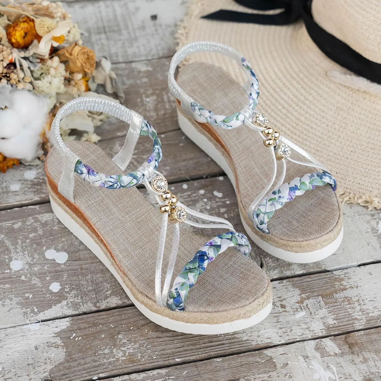 Wedge Sandals for Women Open Toe Espadrilles Platform Sandals Slide Ankle Elastic Floral Bohemian Sandals