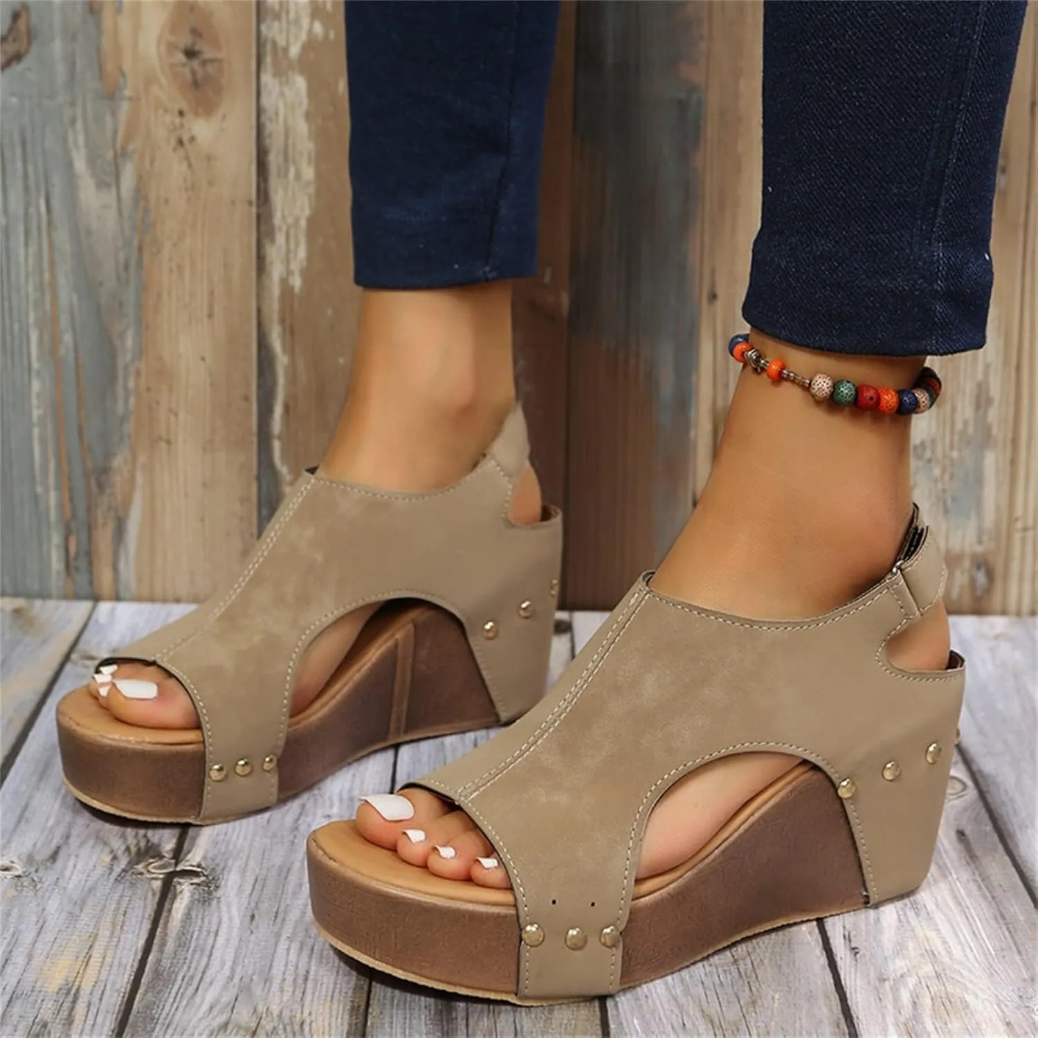 Wedge Sandals for Women, Womens Espadrilles Wedges Low Heel Open Toe Buckle Ankle Strap Leather Sandals Comfortable Strappy Platform Sandals Orthopedic Sandals Casual Summer Shoes (C-Khaki, 8)