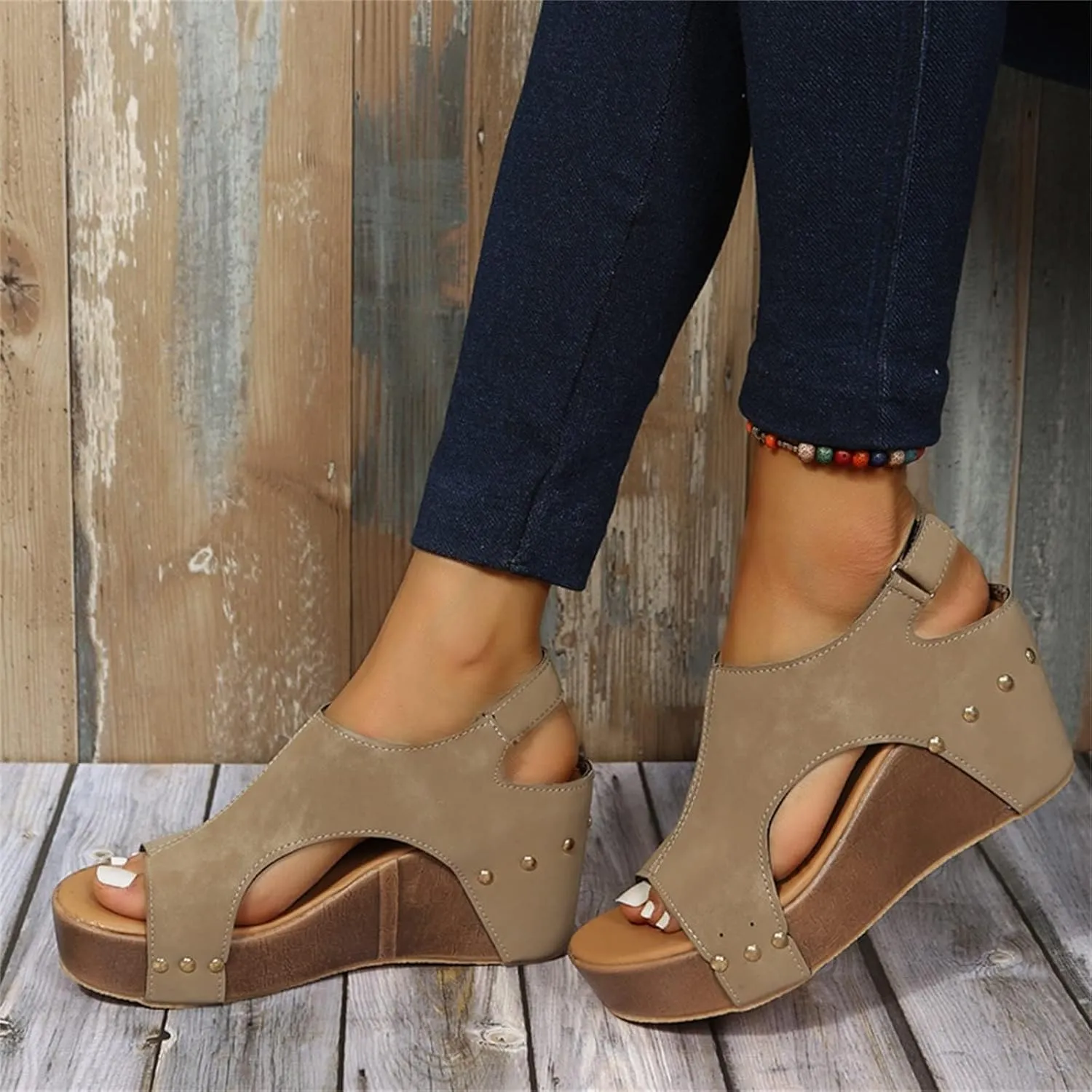 Wedge Sandals for Women, Womens Espadrilles Wedges Low Heel Open Toe Buckle Ankle Strap Leather Sandals Comfortable Strappy Platform Sandals Orthopedic Sandals Casual Summer Shoes (C-Khaki, 8)