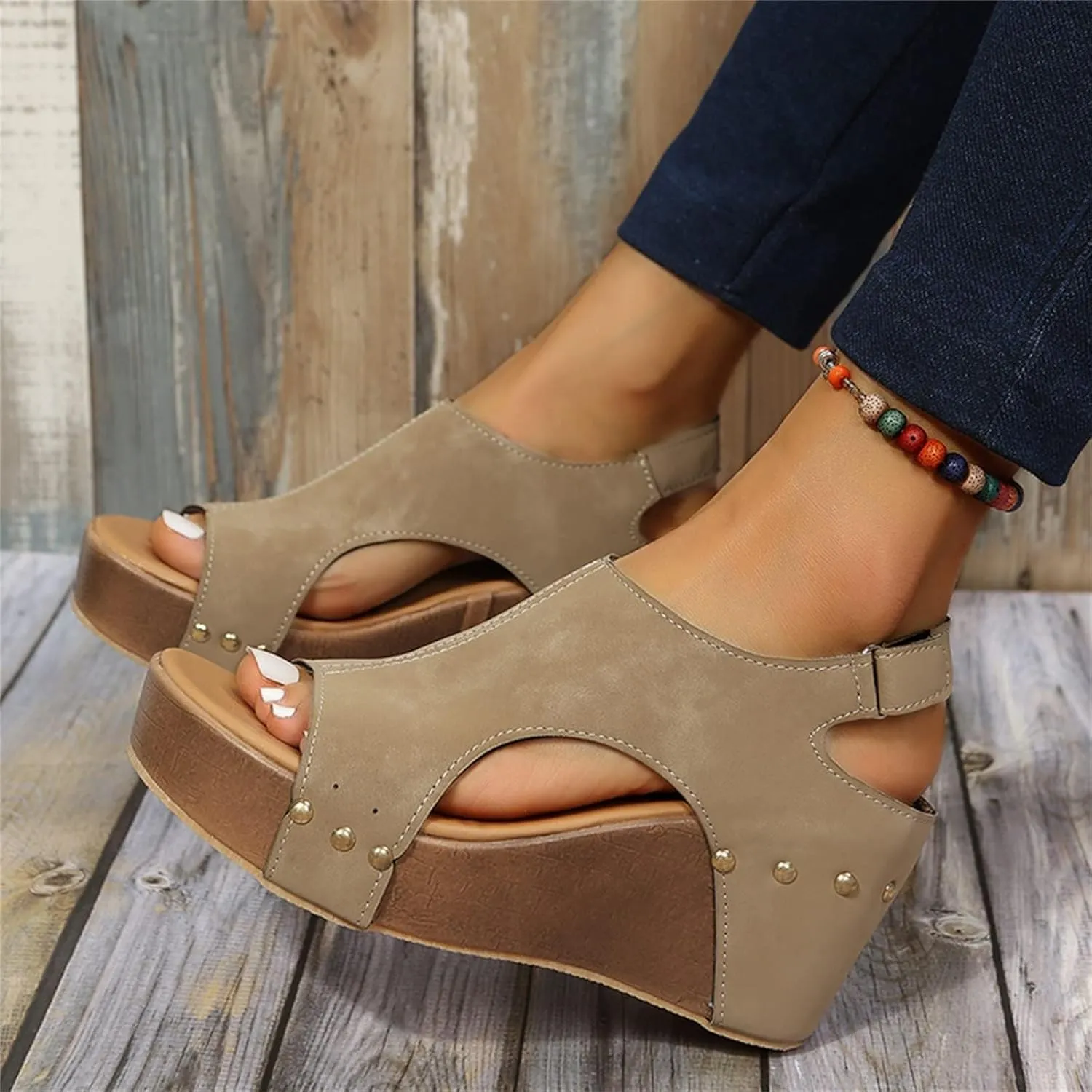 Wedge Sandals for Women, Womens Espadrilles Wedges Low Heel Open Toe Buckle Ankle Strap Leather Sandals Comfortable Strappy Platform Sandals Orthopedic Sandals Casual Summer Shoes (C-Khaki, 8)