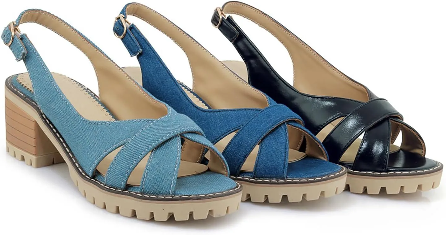 WENOREG Women's Denim Open Toe Crossover Strap Chunky Heel Sandals,Fish Mouth Backless Denim Adjustable Ankle Strape Comfortable Slip on Mid Heels Dress Shoes