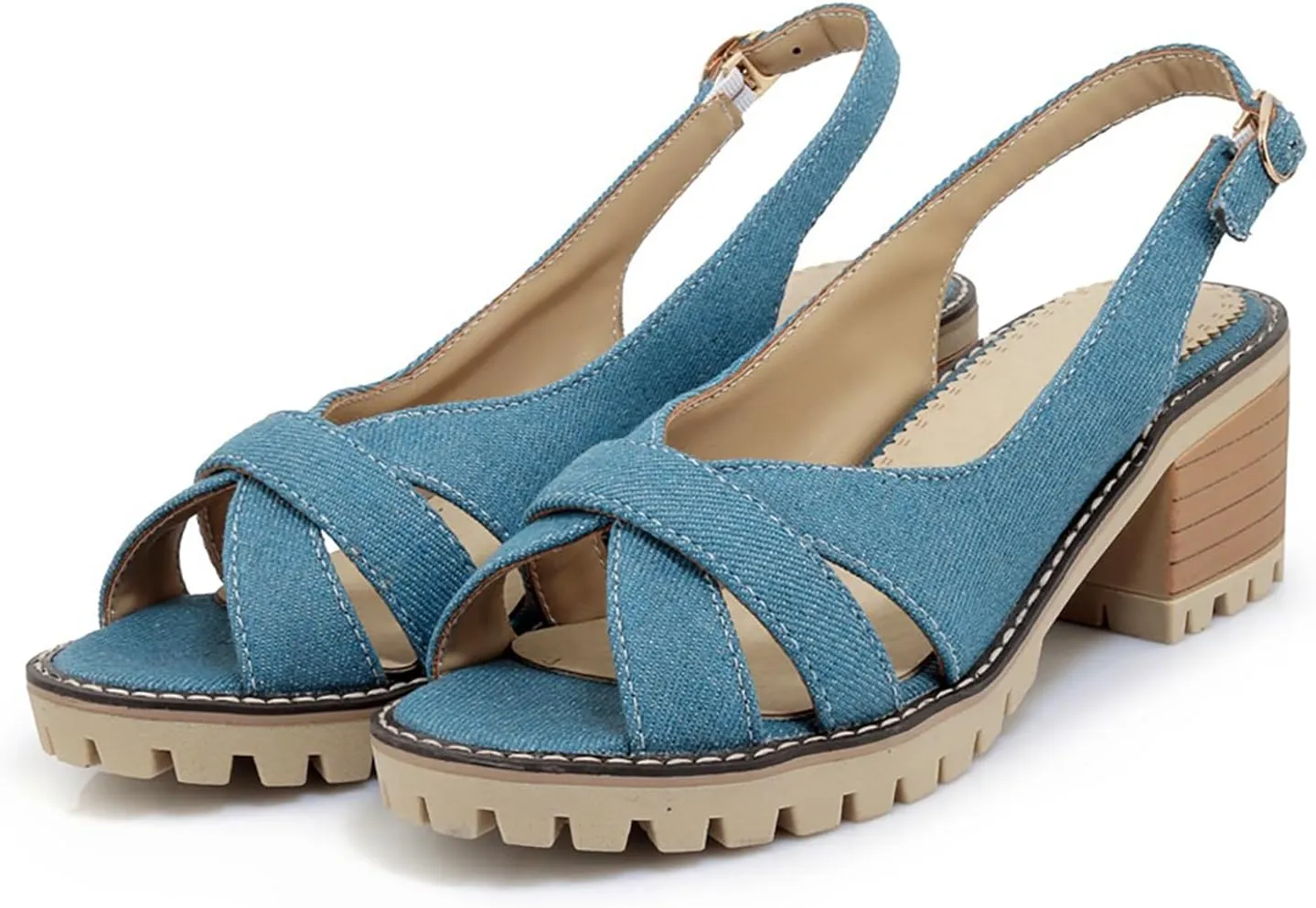 WENOREG Women's Denim Open Toe Crossover Strap Chunky Heel Sandals,Fish Mouth Backless Denim Adjustable Ankle Strape Comfortable Slip on Mid Heels Dress Shoes