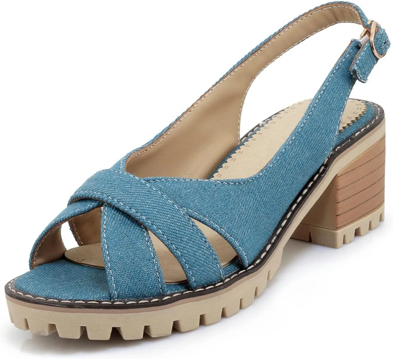 WENOREG Women's Denim Open Toe Crossover Strap Chunky Heel Sandals,Fish Mouth Backless Denim Adjustable Ankle Strape Comfortable Slip on Mid Heels Dress Shoes