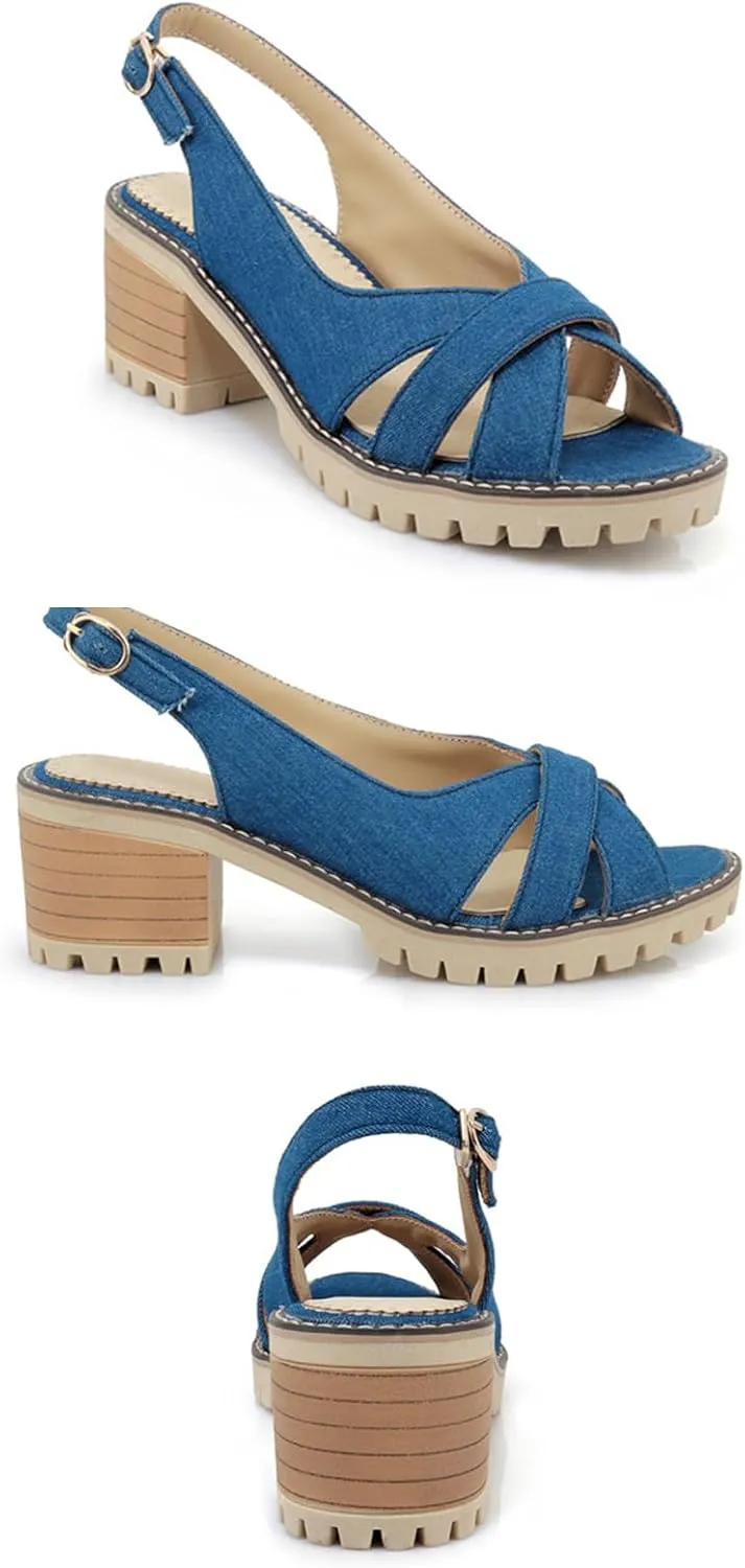 WENOREG Women's Denim Open Toe Crossover Strap Chunky Heel Sandals,Fish Mouth Backless Denim Adjustable Ankle Strape Comfortable Slip on Mid Heels Dress Shoes