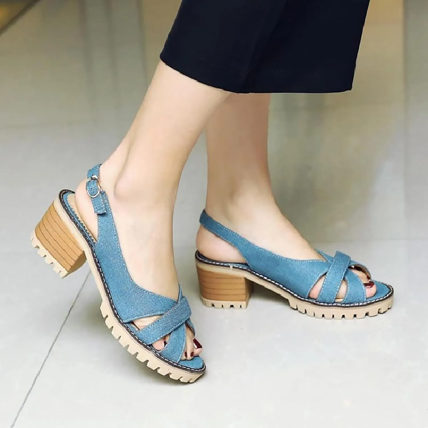 WENOREG Women's Denim Open Toe Crossover Strap Chunky Heel Sandals,Fish Mouth Backless Denim Adjustable Ankle Strape Comfortable Slip on Mid Heels Dress Shoes