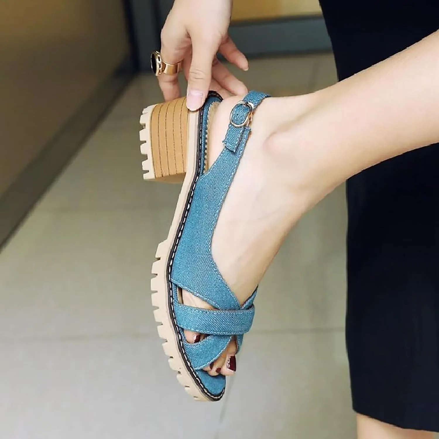 WENOREG Women's Denim Open Toe Crossover Strap Chunky Heel Sandals,Fish Mouth Backless Denim Adjustable Ankle Strape Comfortable Slip on Mid Heels Dress Shoes