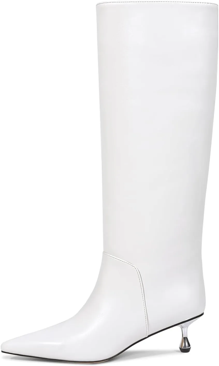 wetkiss Knee High Boots for Women Low Stiletto Drop Heel Boots Pointed Toe Long Boots Fashion Dress Tall Boots Party Date Festival