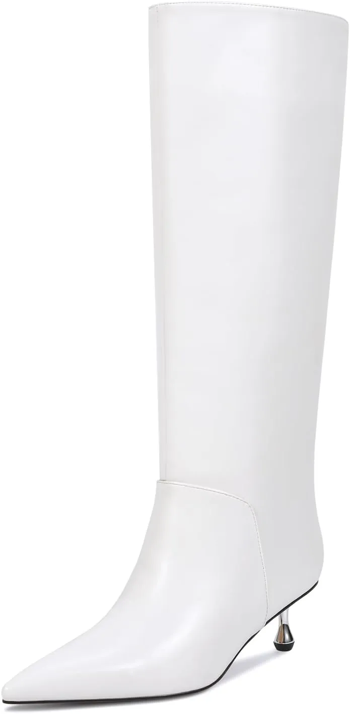 wetkiss Knee High Boots for Women Low Stiletto Drop Heel Boots Pointed Toe Long Boots Fashion Dress Tall Boots Party Date Festival