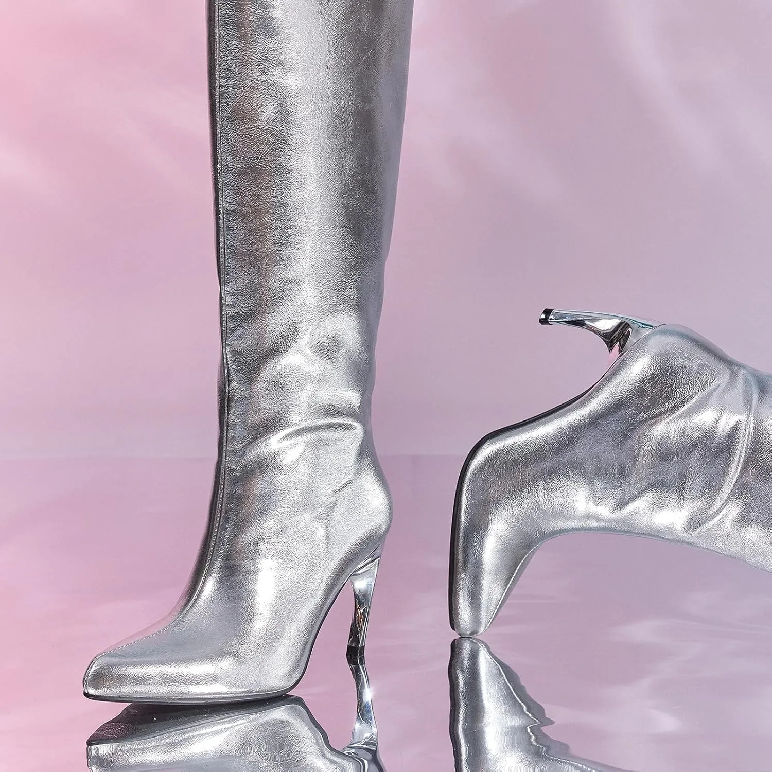wetkiss Knee High Boots for Women with Stiletto Heel, Pointed Toe Side Zipper Kitten Heel Boots Dress Party Club Festival Shoes