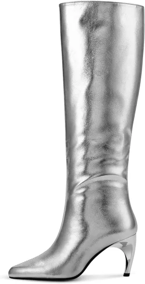 wetkiss Knee High Boots for Women with Stiletto Heel, Pointed Toe Side Zipper Kitten Heel Boots Dress Party Club Festival Shoes