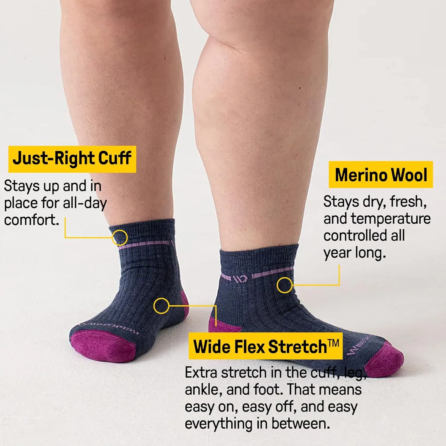 Wide Open Quarter Women's Merino Wool Socks - Single Stripe Everyday Ankle Socks for Wide Feet