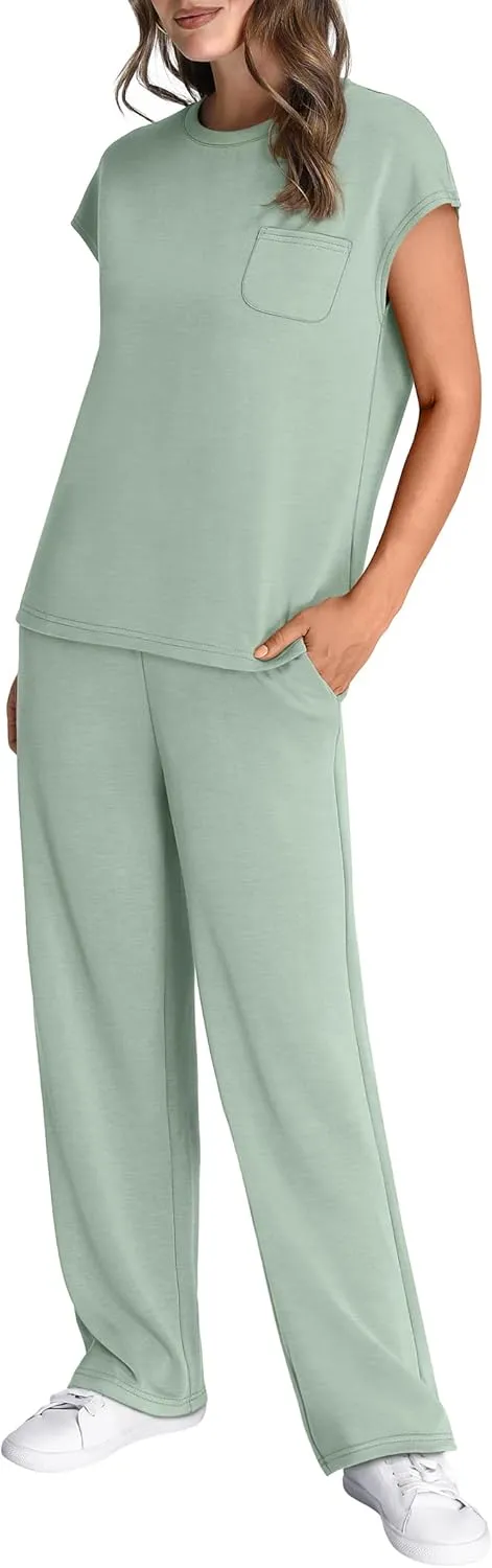 WIHOLL 2 Piece Sets for Women Casual Summer Travel Vacation Outfits Cap Sleeve Lounge Set