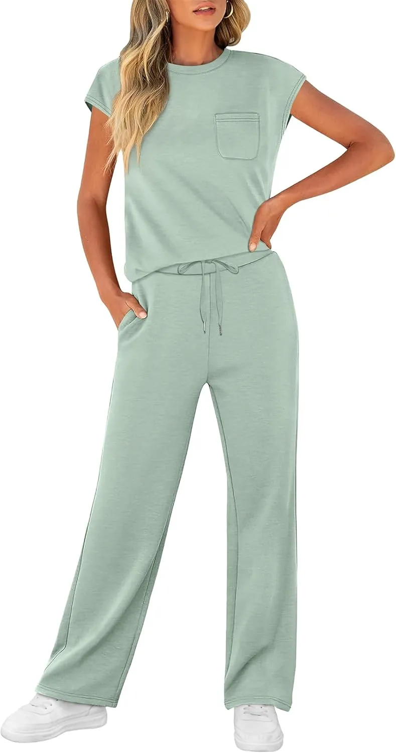WIHOLL 2 Piece Sets for Women Casual Summer Travel Vacation Outfits Cap Sleeve Lounge Set