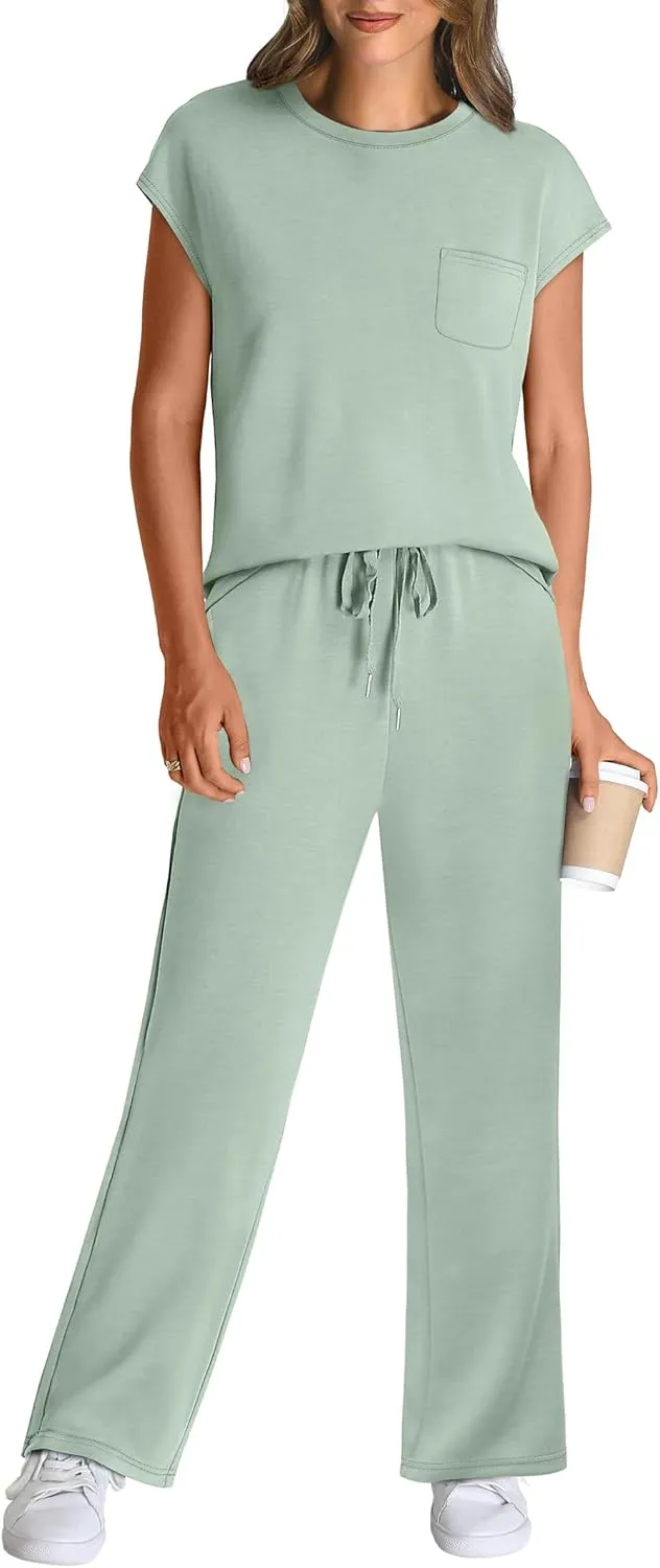 WIHOLL 2 Piece Sets for Women Casual Summer Travel Vacation Outfits Cap Sleeve Lounge Set