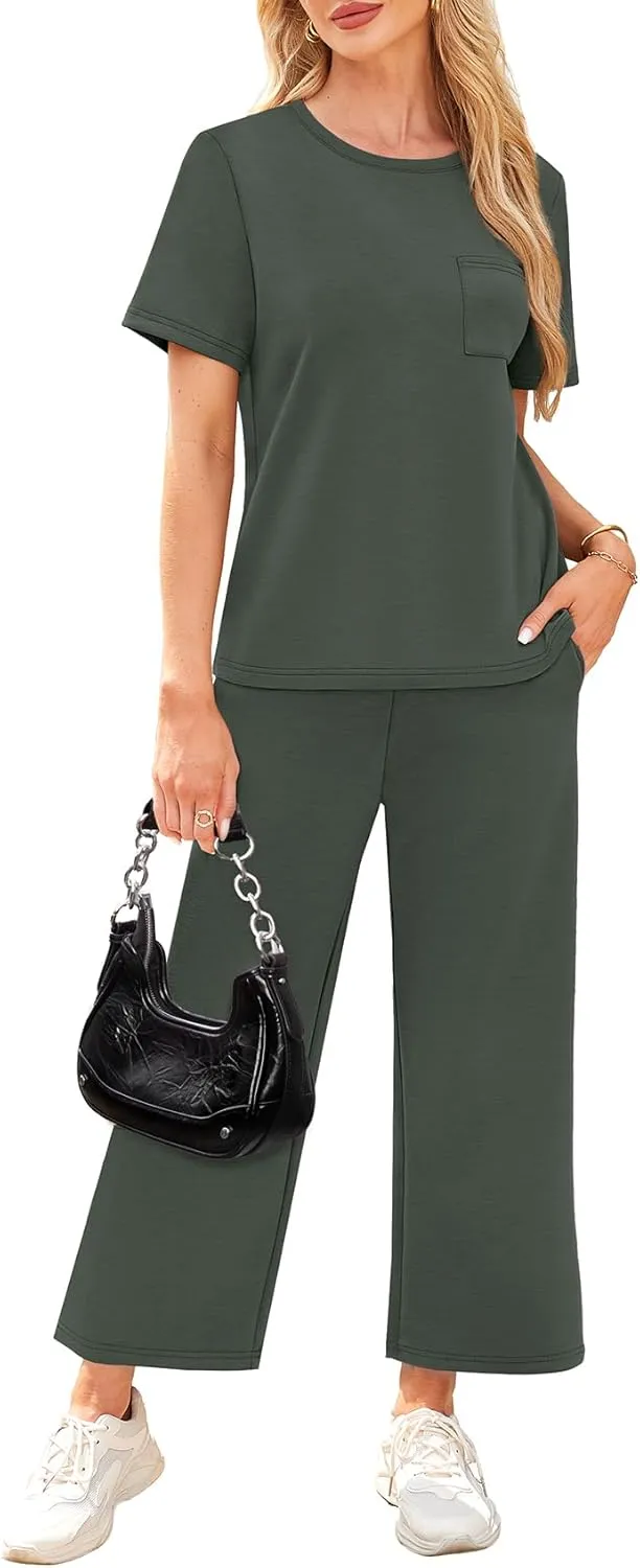 WIHOLL 2 Piece Sets for Women Casual Summer Travel Vacation Outfits Short Sleeve Wide Leg Crop Pants Lounge Sets