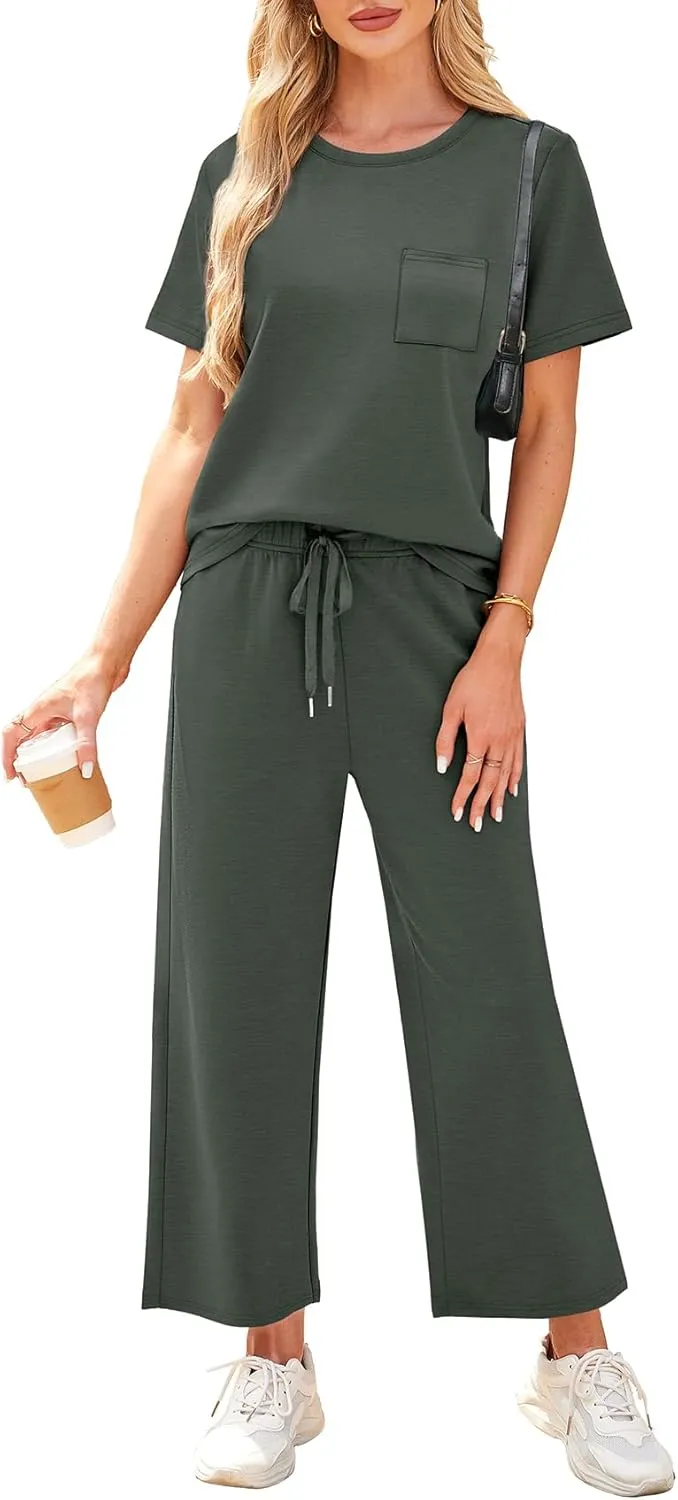 WIHOLL 2 Piece Sets for Women Casual Summer Travel Vacation Outfits Short Sleeve Wide Leg Crop Pants Lounge Sets