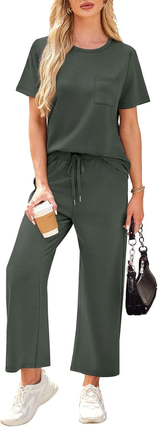WIHOLL 2 Piece Sets for Women Casual Summer Travel Vacation Outfits Short Sleeve Wide Leg Crop Pants Lounge Sets