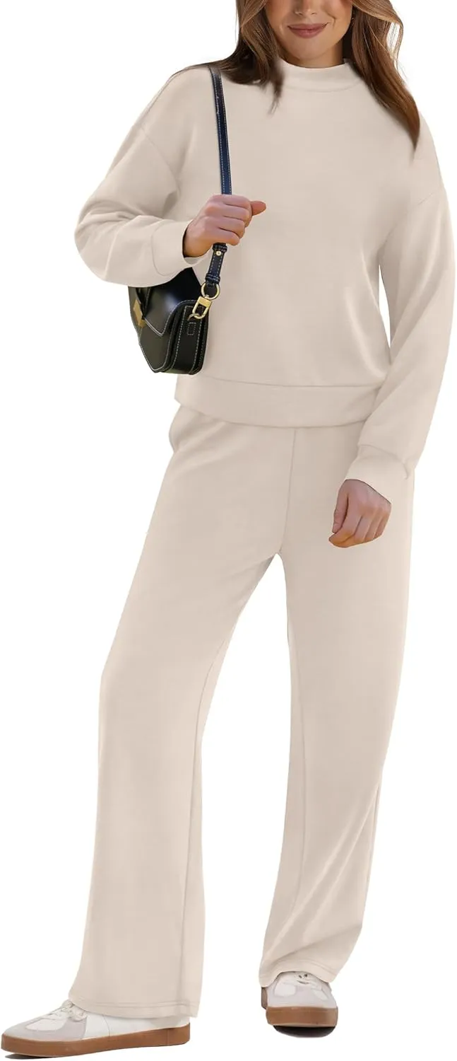 WIHOLL Two Piece Sets for Women Fall Outfits Lounge Sets Mock Neck Tops Wide Leg Pants Vacation Travel Airport Outfits