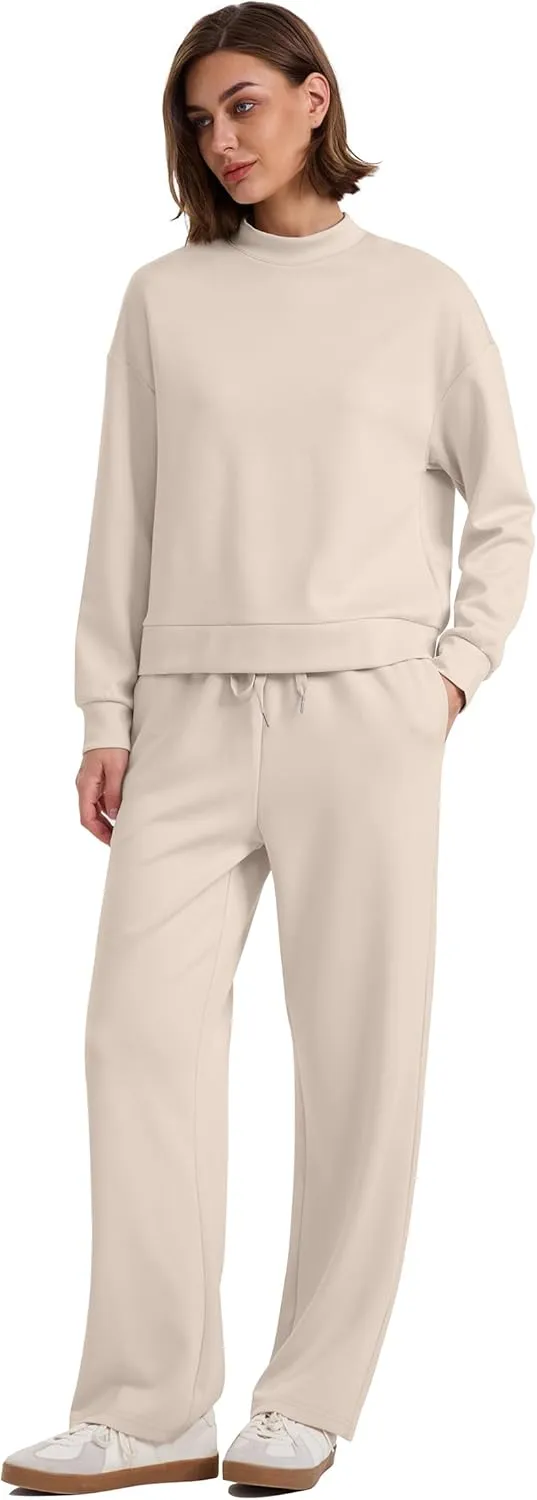 WIHOLL Two Piece Sets for Women Fall Outfits Lounge Sets Mock Neck Tops Wide Leg Pants Vacation Travel Airport Outfits