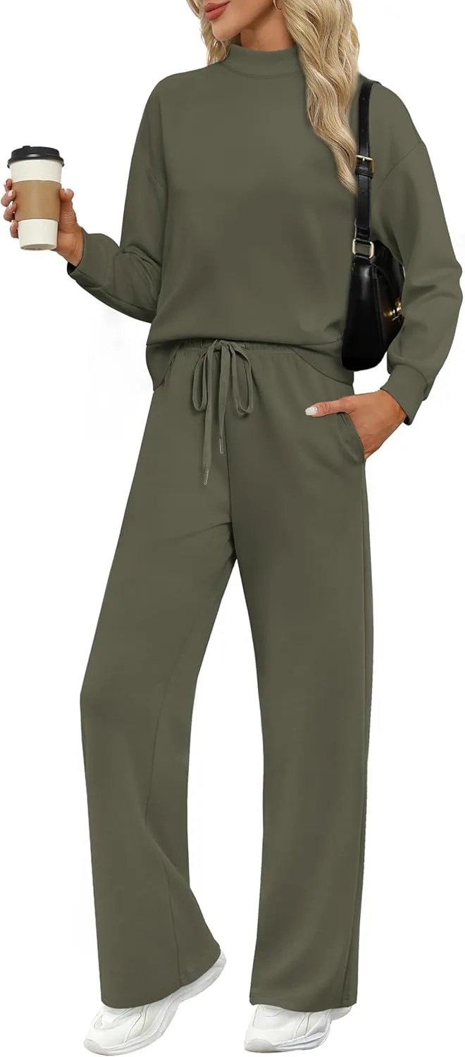 WIHOLL Two Piece Sets for Women Fall Outfits Lounge Sets Mock Neck Tops Wide Leg Pants Vacation Travel Airport Outfits