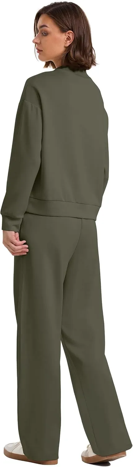 WIHOLL Two Piece Sets for Women Fall Outfits Lounge Sets Mock Neck Tops Wide Leg Pants Vacation Travel Airport Outfits