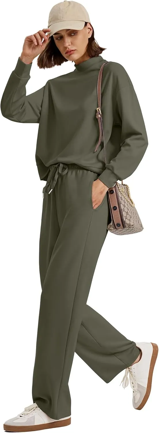WIHOLL Two Piece Sets for Women Fall Outfits Lounge Sets Mock Neck Tops Wide Leg Pants Vacation Travel Airport Outfits