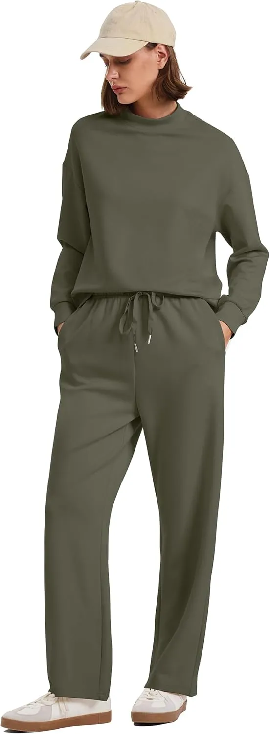 WIHOLL Two Piece Sets for Women Fall Outfits Lounge Sets Mock Neck Tops Wide Leg Pants Vacation Travel Airport Outfits