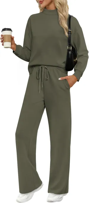 WIHOLL Two Piece Sets for Women Fall Outfits Lounge Sets Mock Neck Tops Wide Leg Pants Vacation Travel Airport Outfits