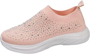 Winter Fashion Women's Sports Shoes Lightweight Woven Mesh Slip On Rhinestone Women's Sneakers (7.5 UK Soft red)