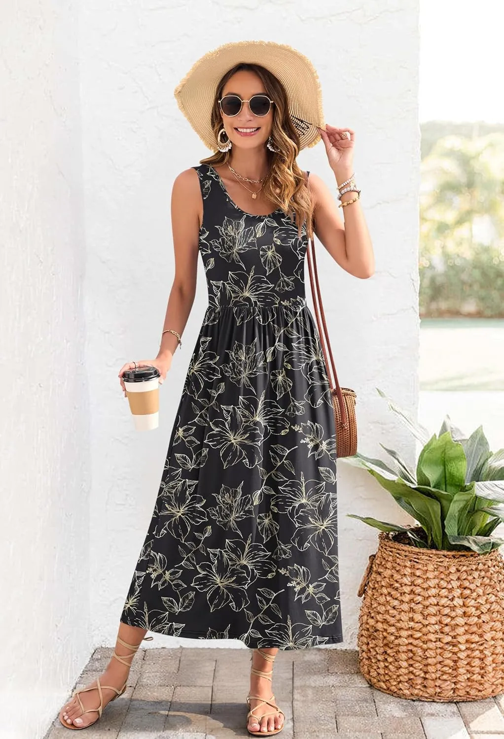 WNEEDU Women's Summer Maxi Dress 2025 Casual Sleeveless Hawaiian Sundress Tropical Long Dress Beach Vacation Outfit