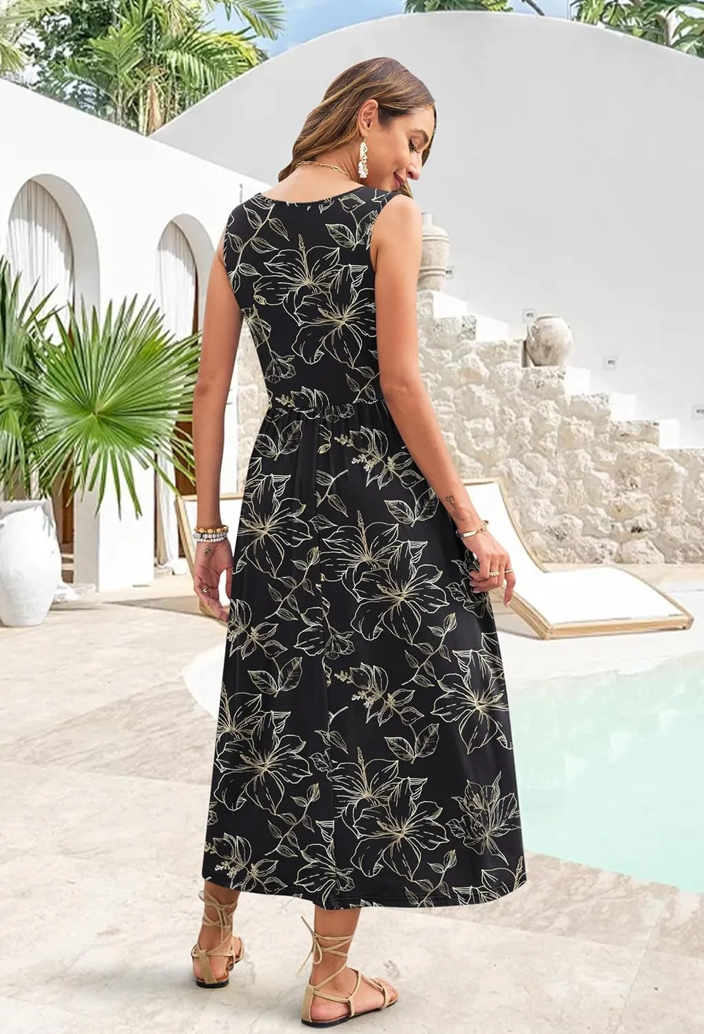 WNEEDU Women's Summer Maxi Dress 2025 Casual Sleeveless Hawaiian Sundress Tropical Long Dress Beach Vacation Outfit