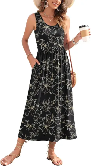 WNEEDU Women's Summer Maxi Dress 2025 Casual Sleeveless Hawaiian Sundress Tropical Long Dress Beach Vacation Outfit