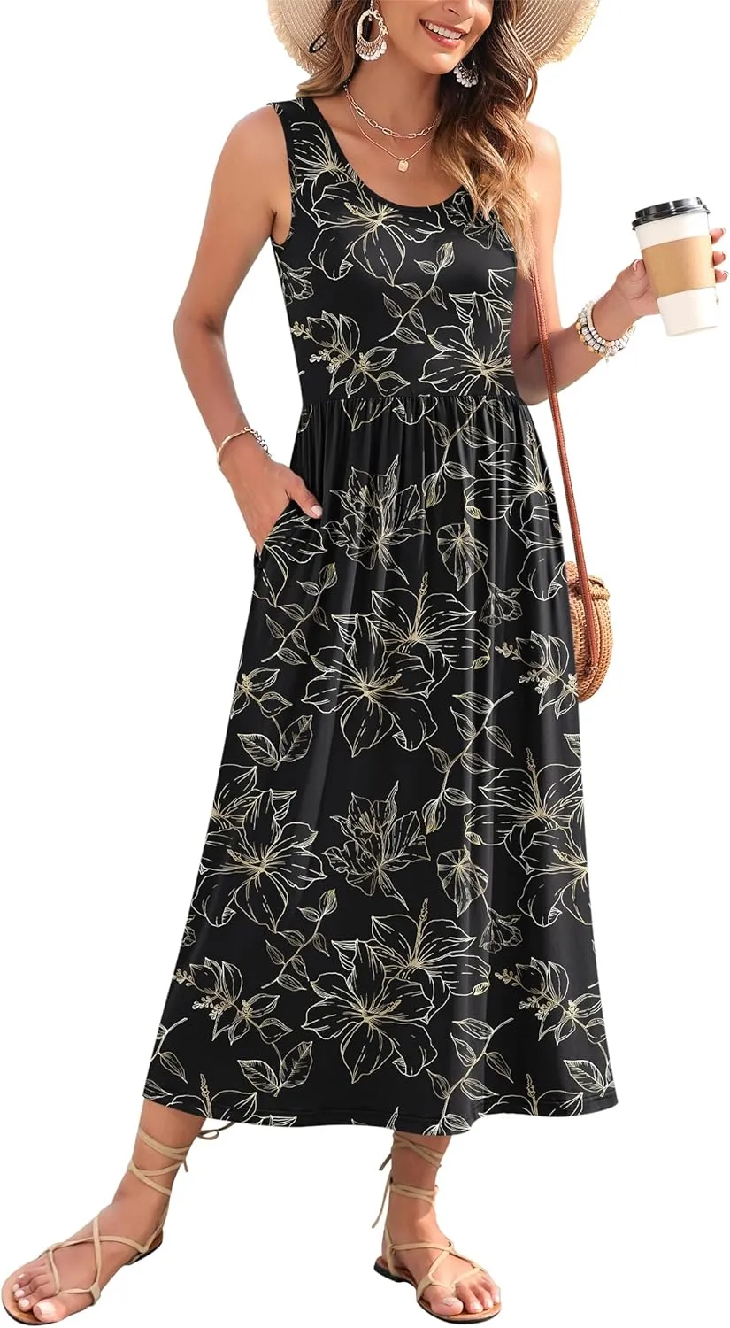 WNEEDU Women's Summer Maxi Dress 2025 Casual Sleeveless Hawaiian Sundress Tropical Long Dress Beach Vacation Outfit