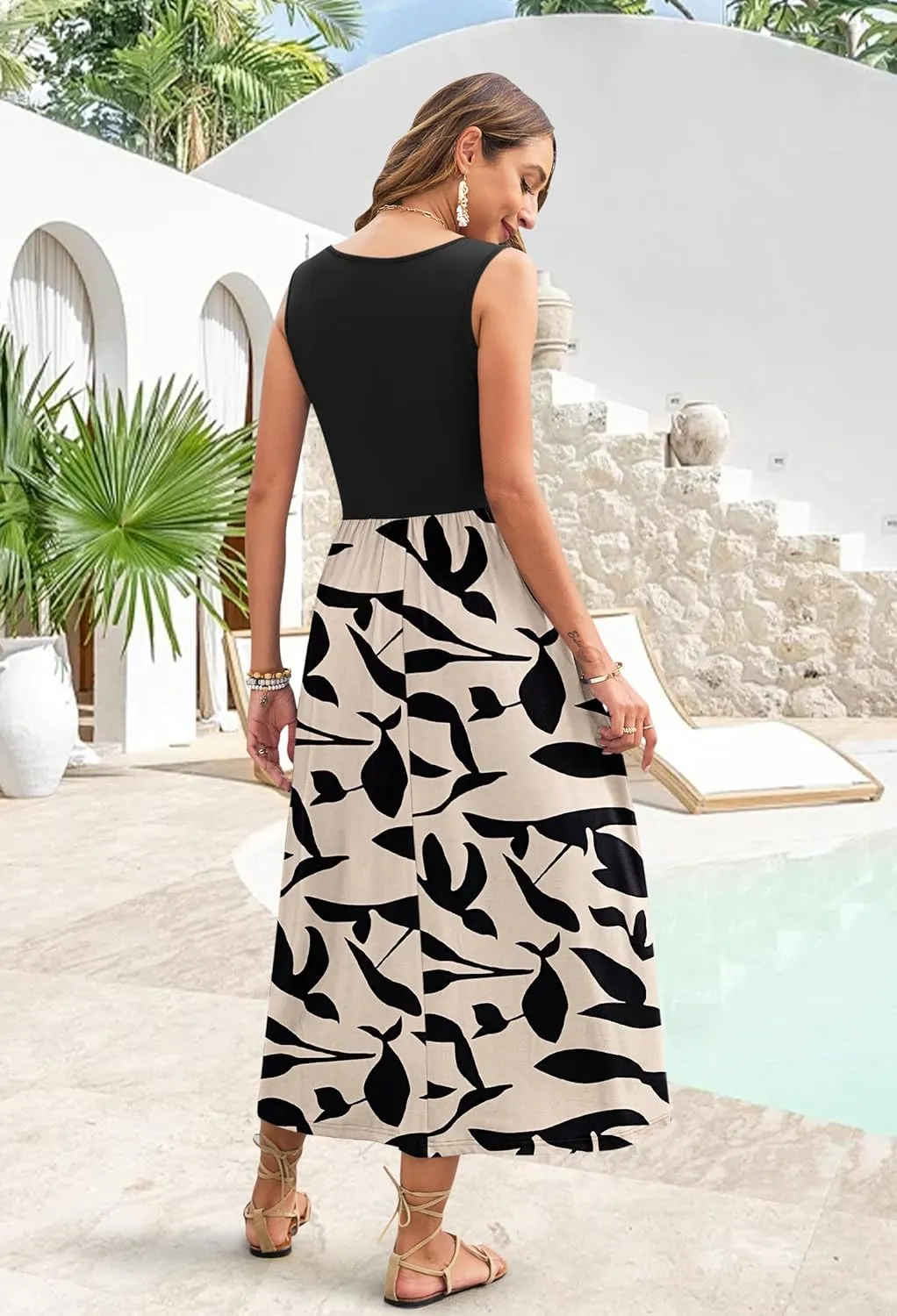 WNEEDU Women's Summer Maxi Dress 2025 Casual Sleeveless Hawaiian Sundress Tropical Long Dress Beach Vacation Outfit